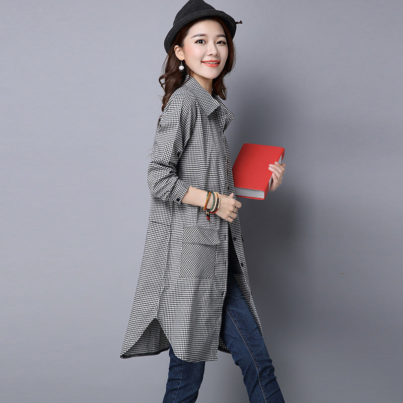 Long Sleeve Shirt Coat Cotton And Linen Plaid Loose Shirt Mid-length