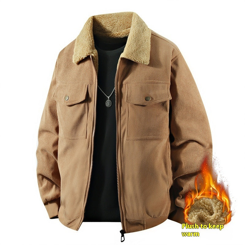 Fleece Corduroy Cotton Coat Jacket Men&#39;s Loose Casual Polo Collar Coat