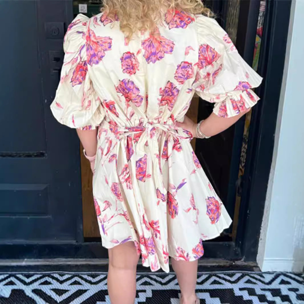 Floral Print Women Puff Sleeve Waist-controlled Lace-up Short Female Dress