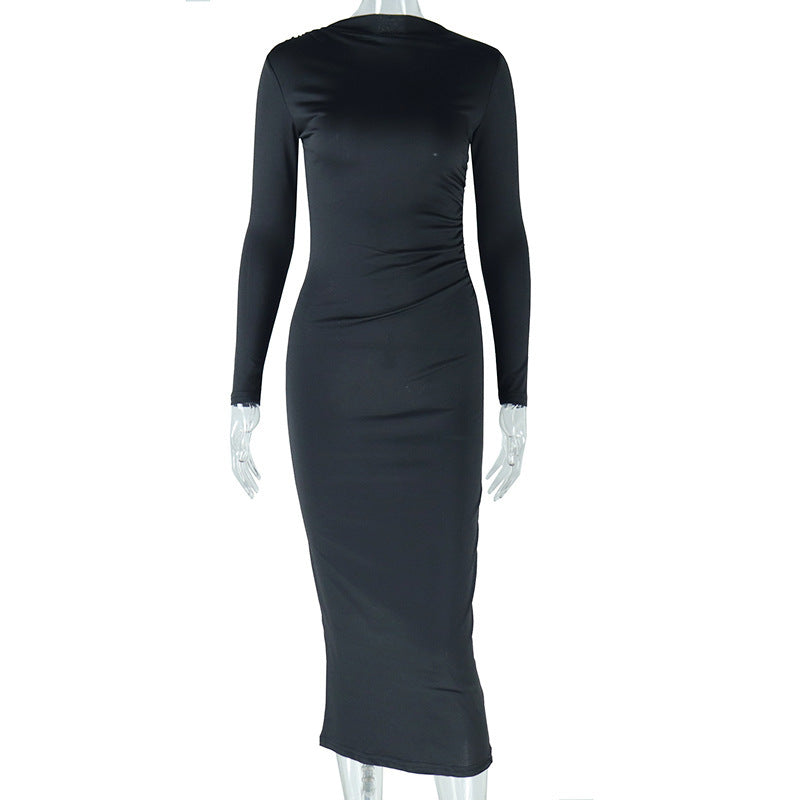 Women&#39;s Solid Color Round Neck Long Sleeve Pullover Dress