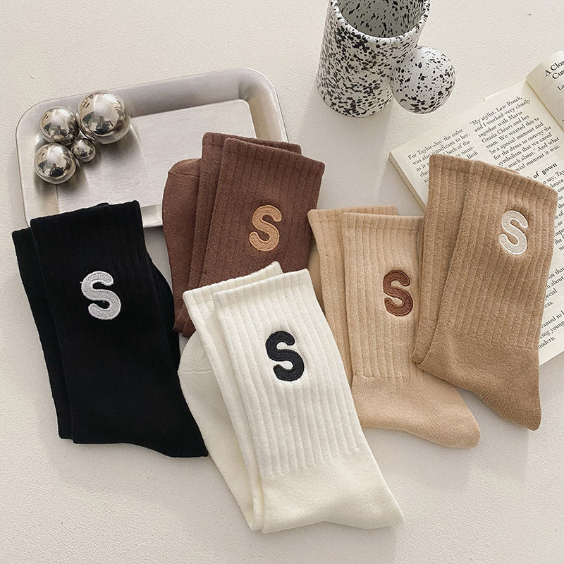 Women&#39;s Embroidered S-letter Cotton Sweat-absorbent Autumn And Winter Socks