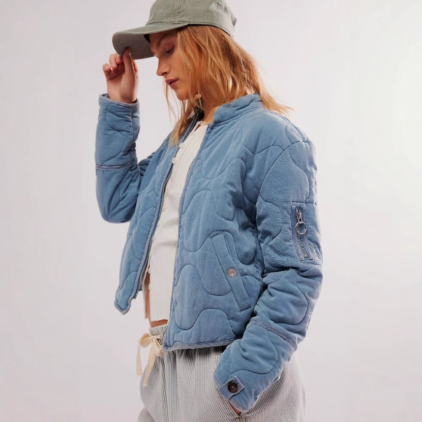 Women’s Quilted Cotton Jacket – Loose Fit Stand Collar Coat