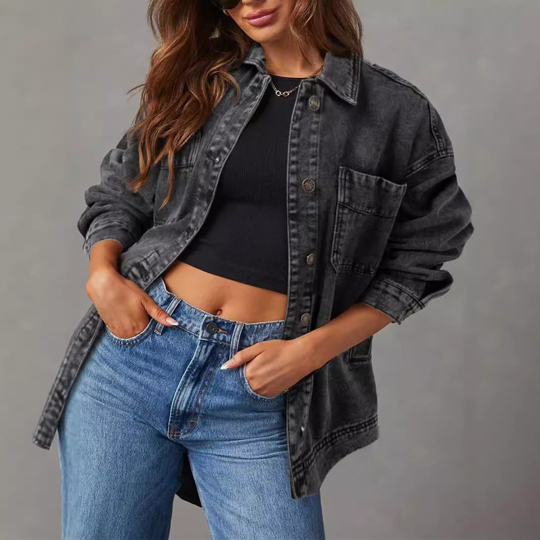 Women&#39;s Denim Jacket Large Pocket Button Long Sleeve Split Denim
