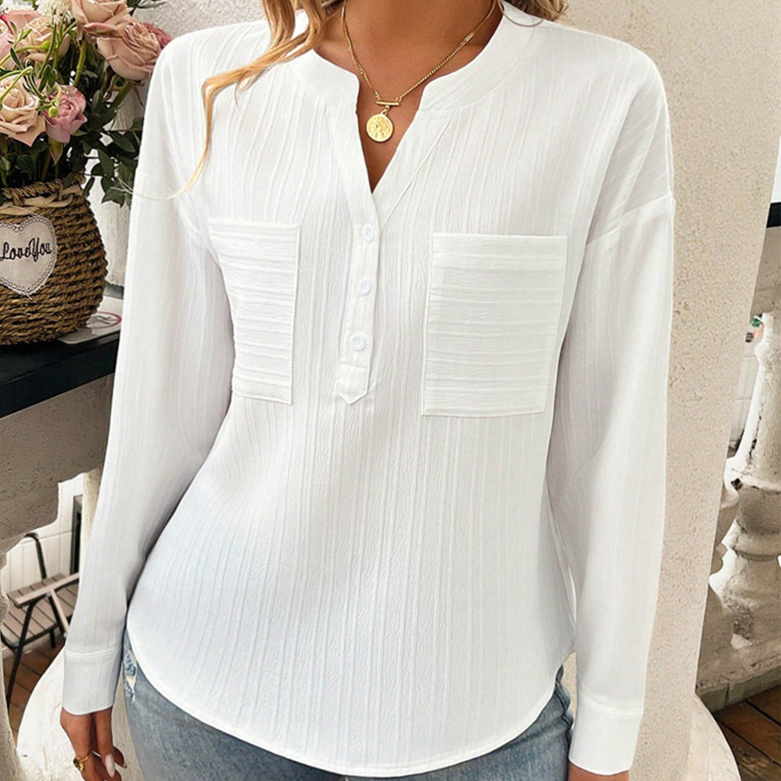 Women&#39;s Shirt V-neck Temperament Leisure Solid Color Pullover