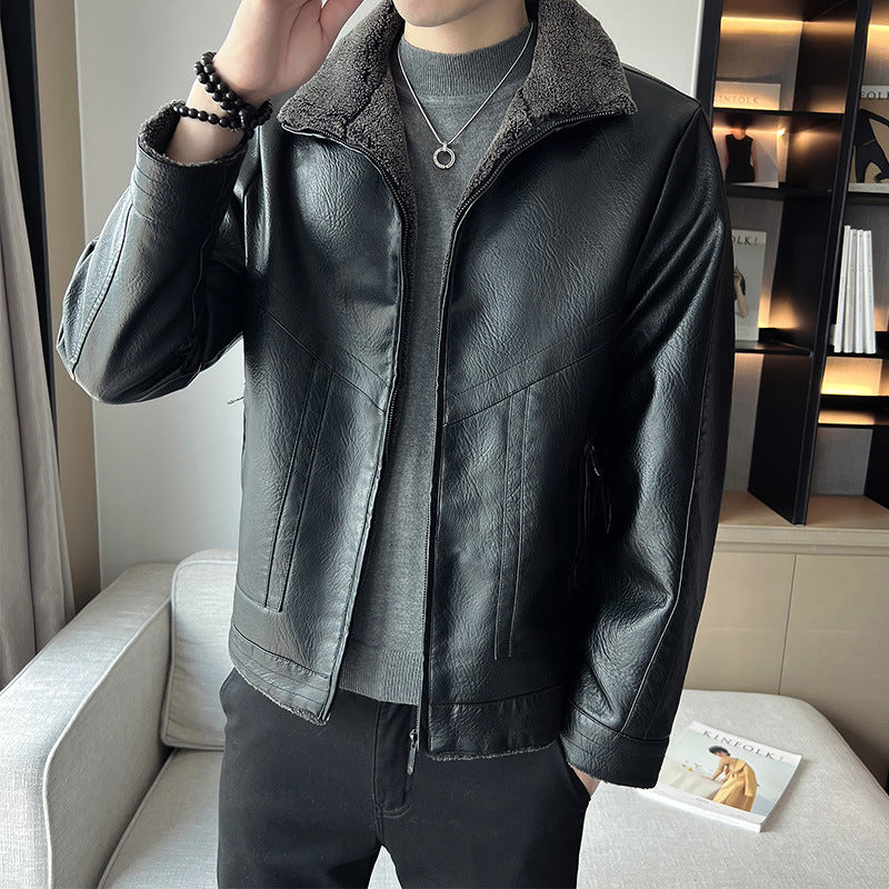 Hong Kong Style Velvet Padded Plus Size Men’s Leather Jacket | FioraFashion