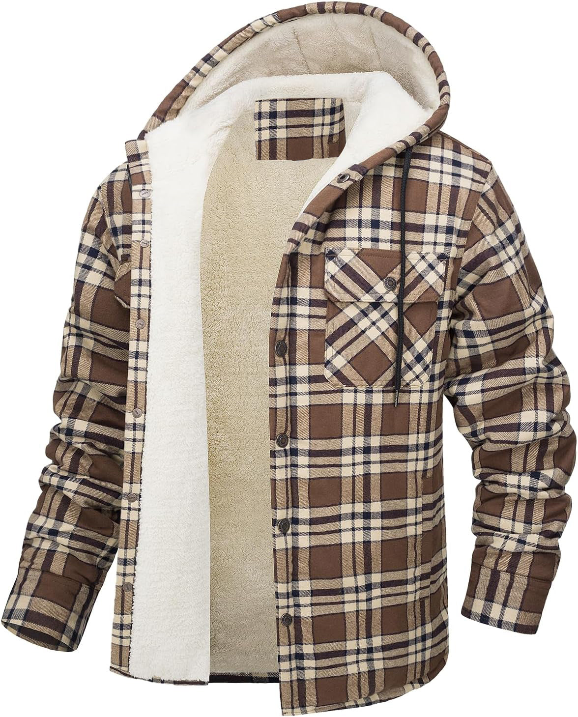 Fiorafashion Men’s Long Sleeve Hooded Plaid Coat – Fleece-Lined Winter Jacket for Casual &amp; Outdoor Wear