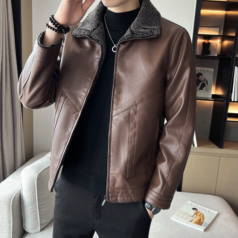 Hong Kong Style Velvet Padded Plus Size Men’s Leather Jacket | FioraFashion