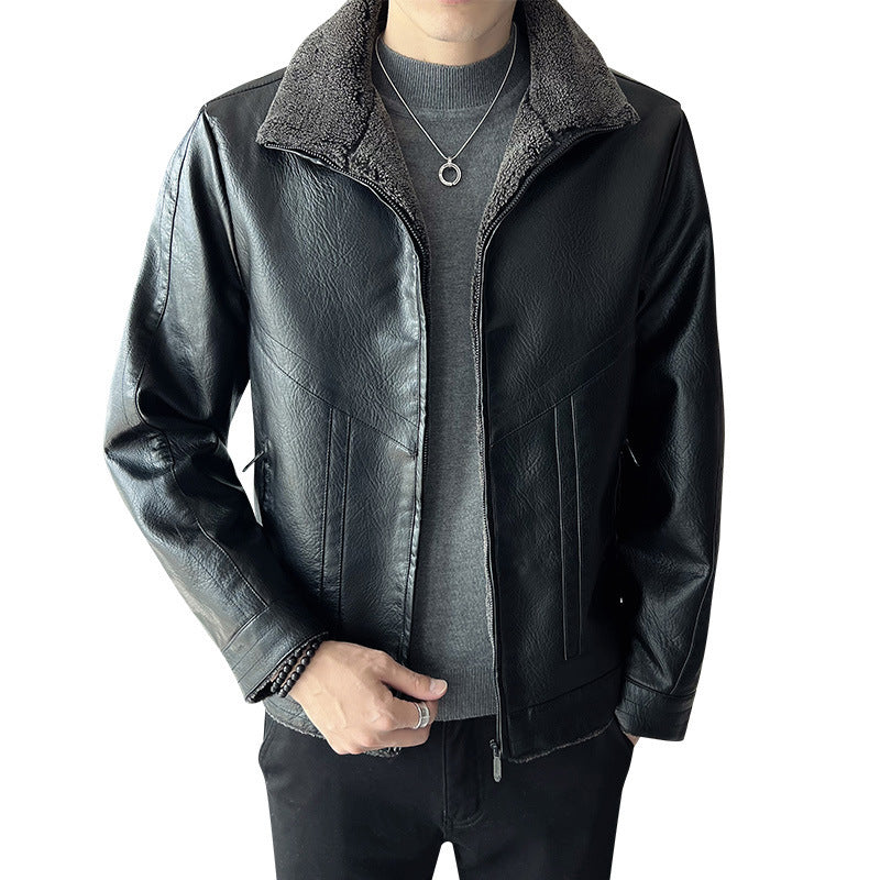 Hong Kong Style Velvet Padded Plus Size Men’s Leather Jacket | FioraFashion
