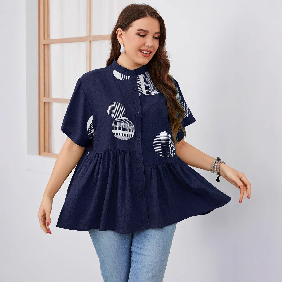 Women&#39;s Slim-fit Ruffled Short-sleeved Shirt
