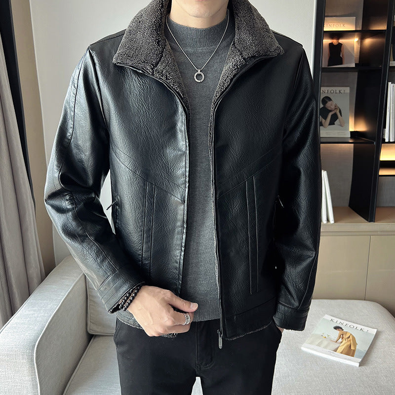 Hong Kong Style Velvet Padded Plus Size Men’s Leather Jacket | FioraFashion