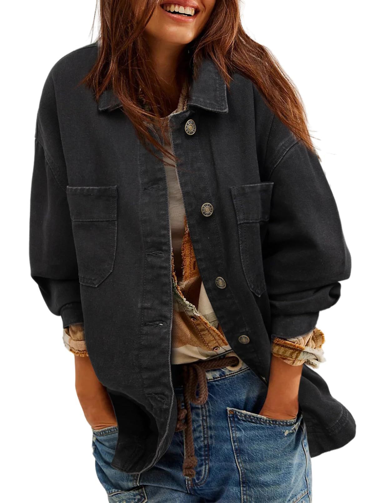 Women&#39;s Denim Jacket Large Pocket Button Long Sleeve Split Denim