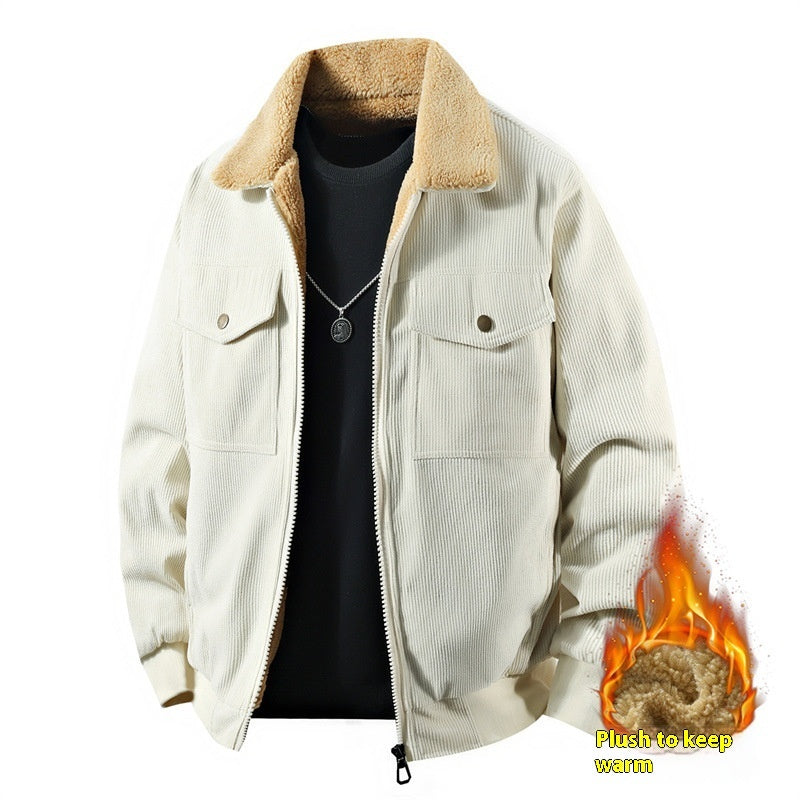 Fleece Corduroy Cotton Coat Jacket Men&#39;s Loose Casual Polo Collar Coat