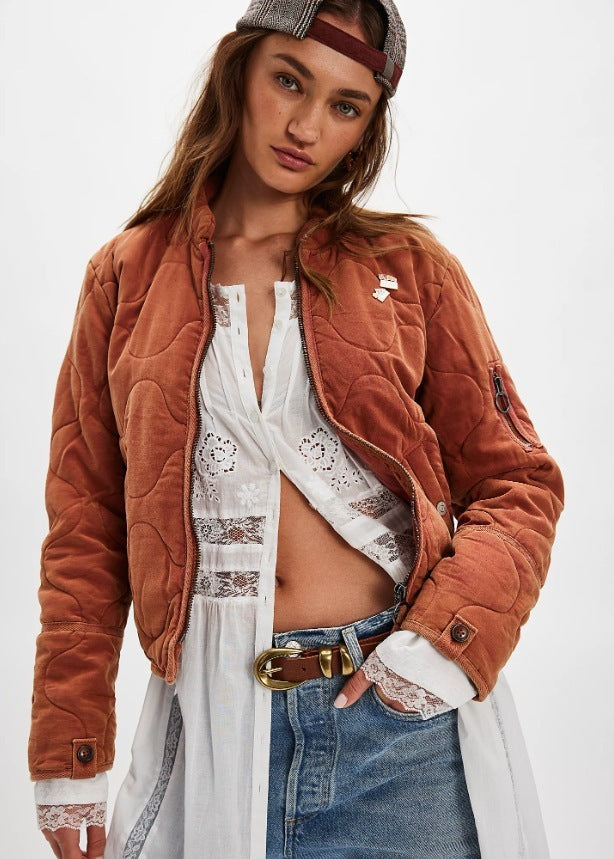 Women’s Quilted Cotton Jacket – Loose Fit Stand Collar Coat