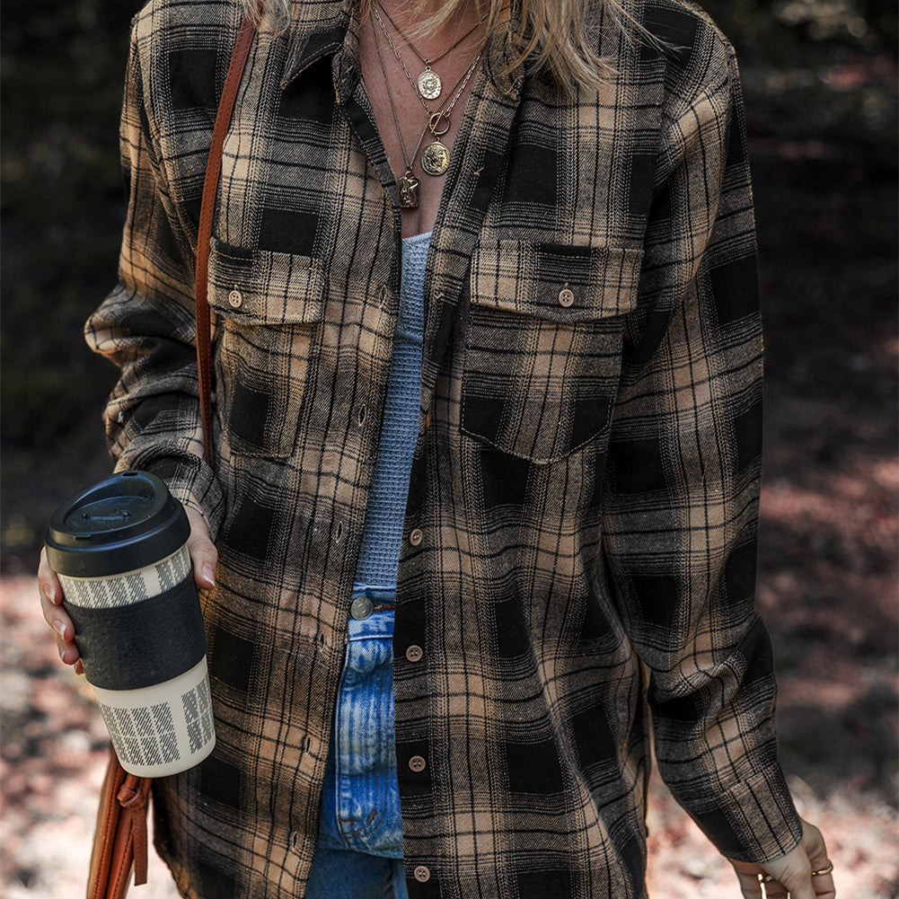 Women&#39;s Multi-color Retro Plaid Double-layer Flip Pocket Shirt