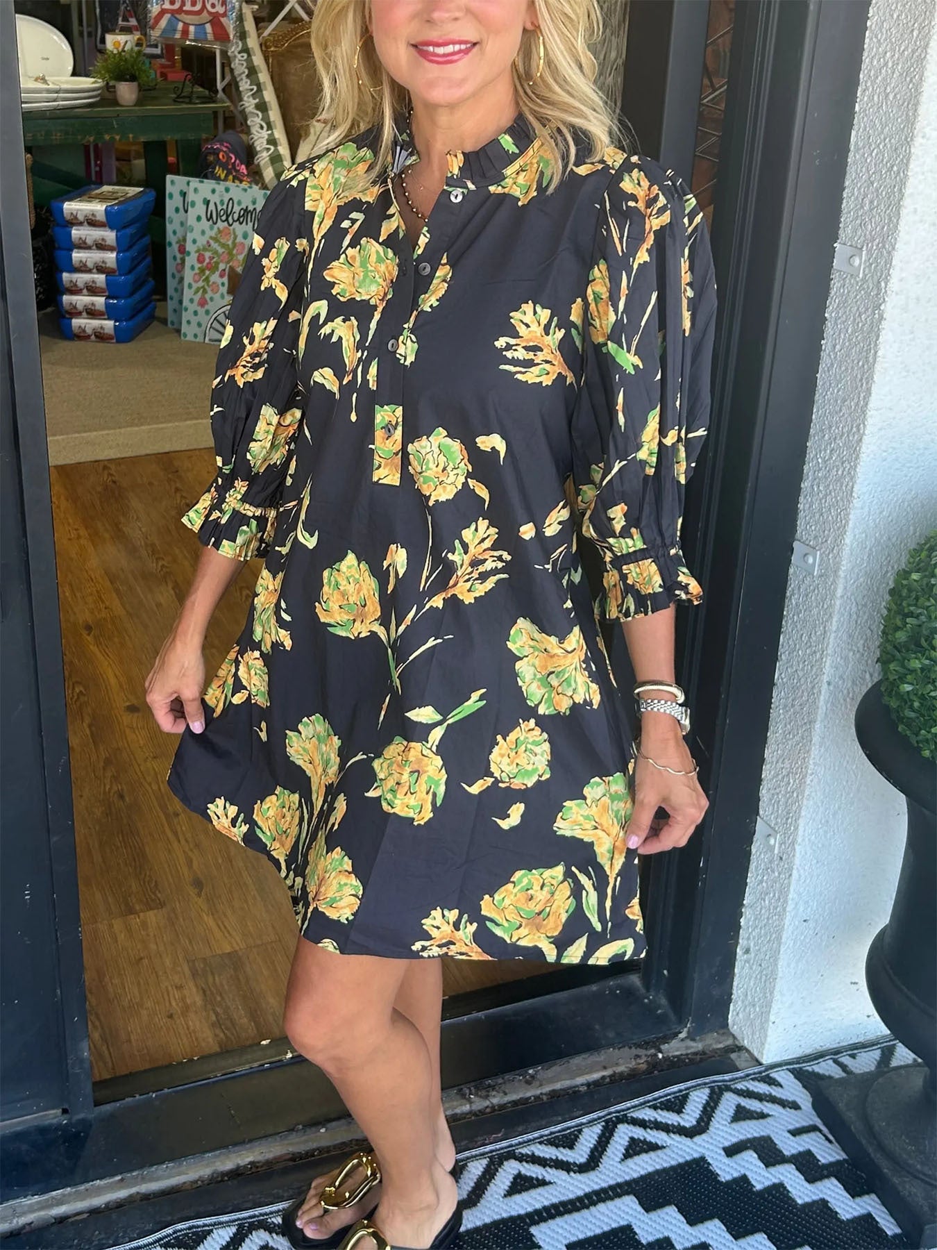 Floral Print Women Puff Sleeve Waist-controlled Lace-up Short Female Dress