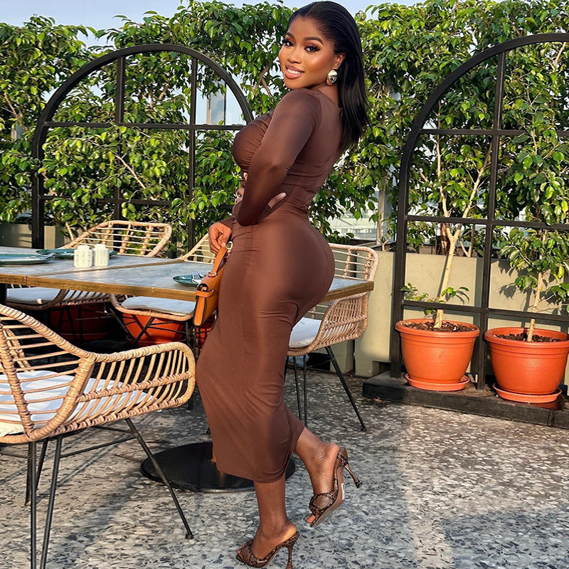 Women&#39;s Solid Color Round Neck Long Sleeve Pullover Dress