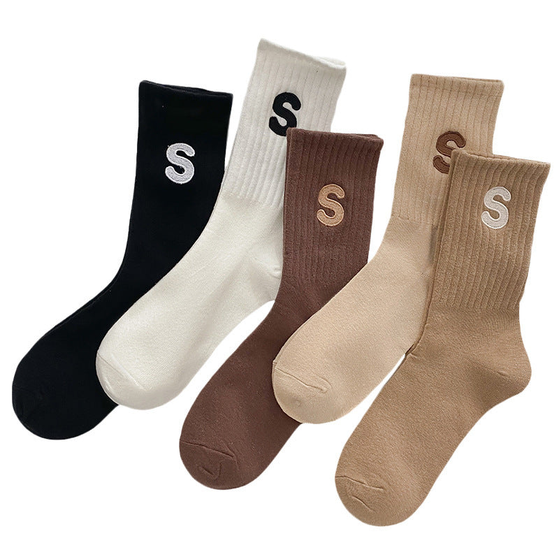 Women&#39;s Embroidered S-letter Cotton Sweat-absorbent Autumn And Winter Socks