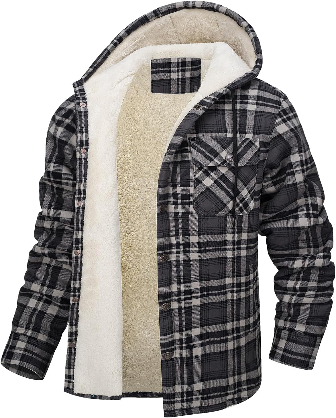Fiorafashion Men’s Long Sleeve Hooded Plaid Coat – Fleece-Lined Winter Jacket for Casual &amp; Outdoor Wear