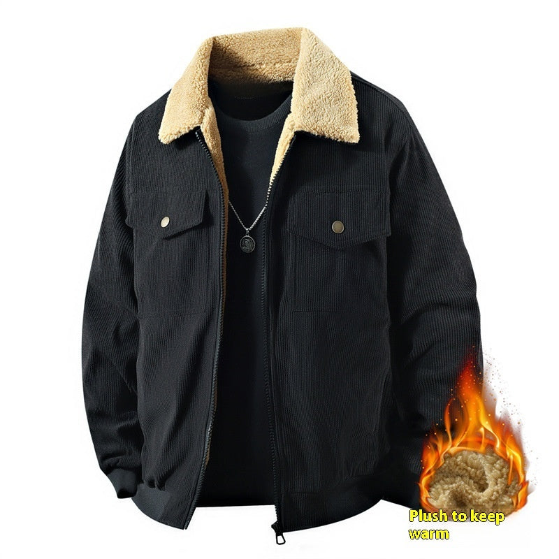 Fleece Corduroy Cotton Coat Jacket Men&#39;s Loose Casual Polo Collar Coat