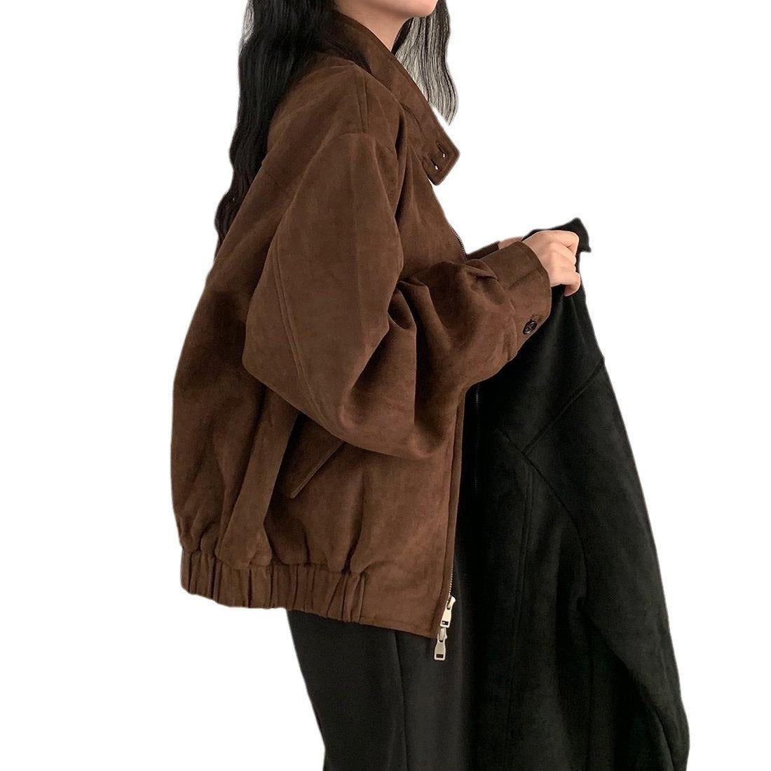 Autumn Winter Retro Warm Deerskin Velvet Double Zipper Coat Jacket | FioraFashion