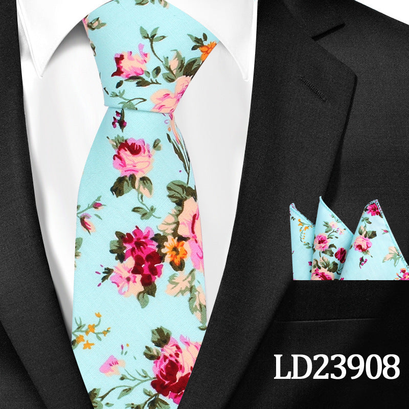Casual Cotton Floral Print 6cm Casual Tie Pocket Square Suit