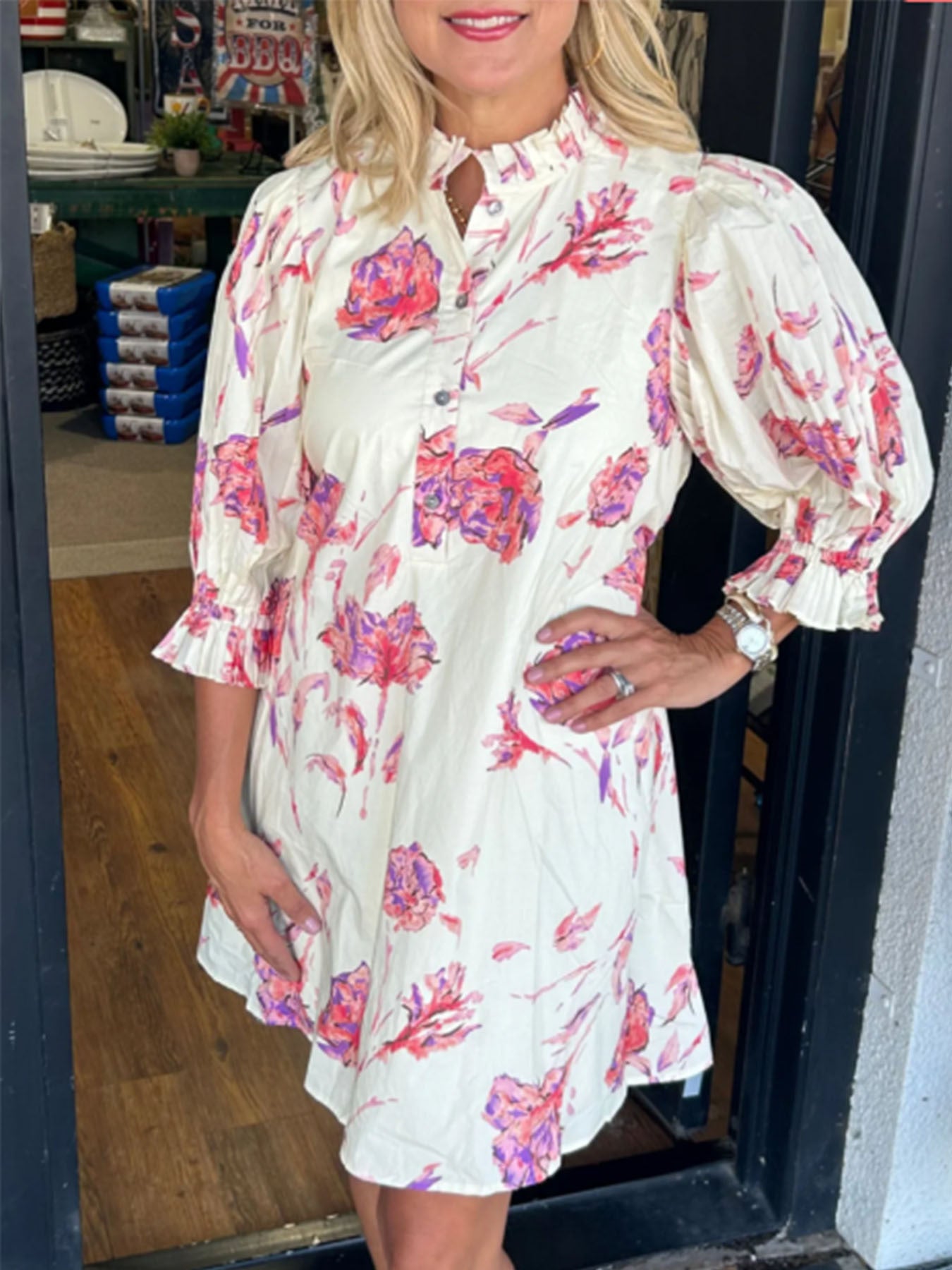 Floral Print Women Puff Sleeve Waist-controlled Lace-up Short Female Dress