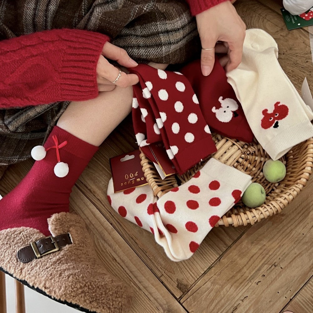 Red Dehaired Angora Polka Dot Mid-calf Creative Christmas Stockings