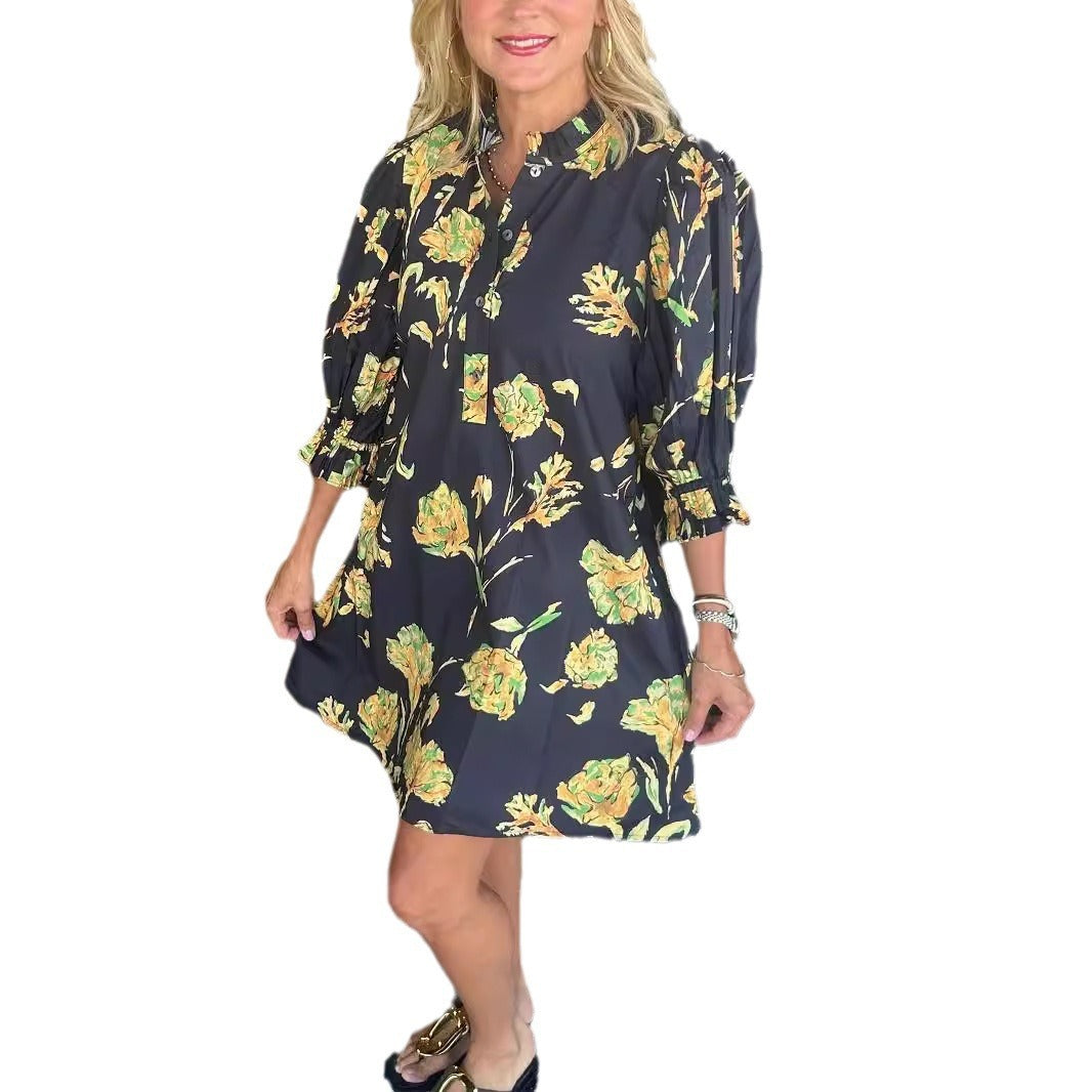 Floral Print Women Puff Sleeve Waist-controlled Lace-up Short Female Dress