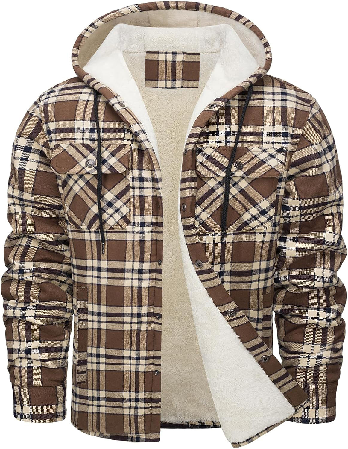 Fiorafashion Men’s Long Sleeve Hooded Plaid Coat – Fleece-Lined Winter Jacket for Casual &amp; Outdoor Wear