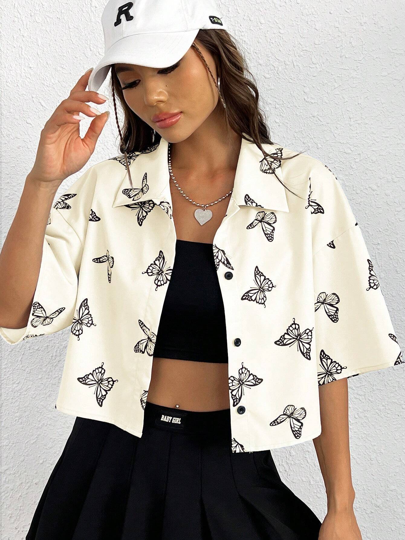 Fashion Butterfly Print Shirt Women&#39;s Clothing