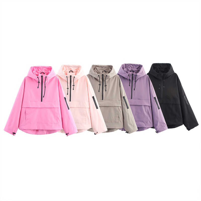 Women&#39;s Long Sleeve Zip Hooded Jacket With Pockets - Casual Sporty Windbreaker For Spring&amp;Fall