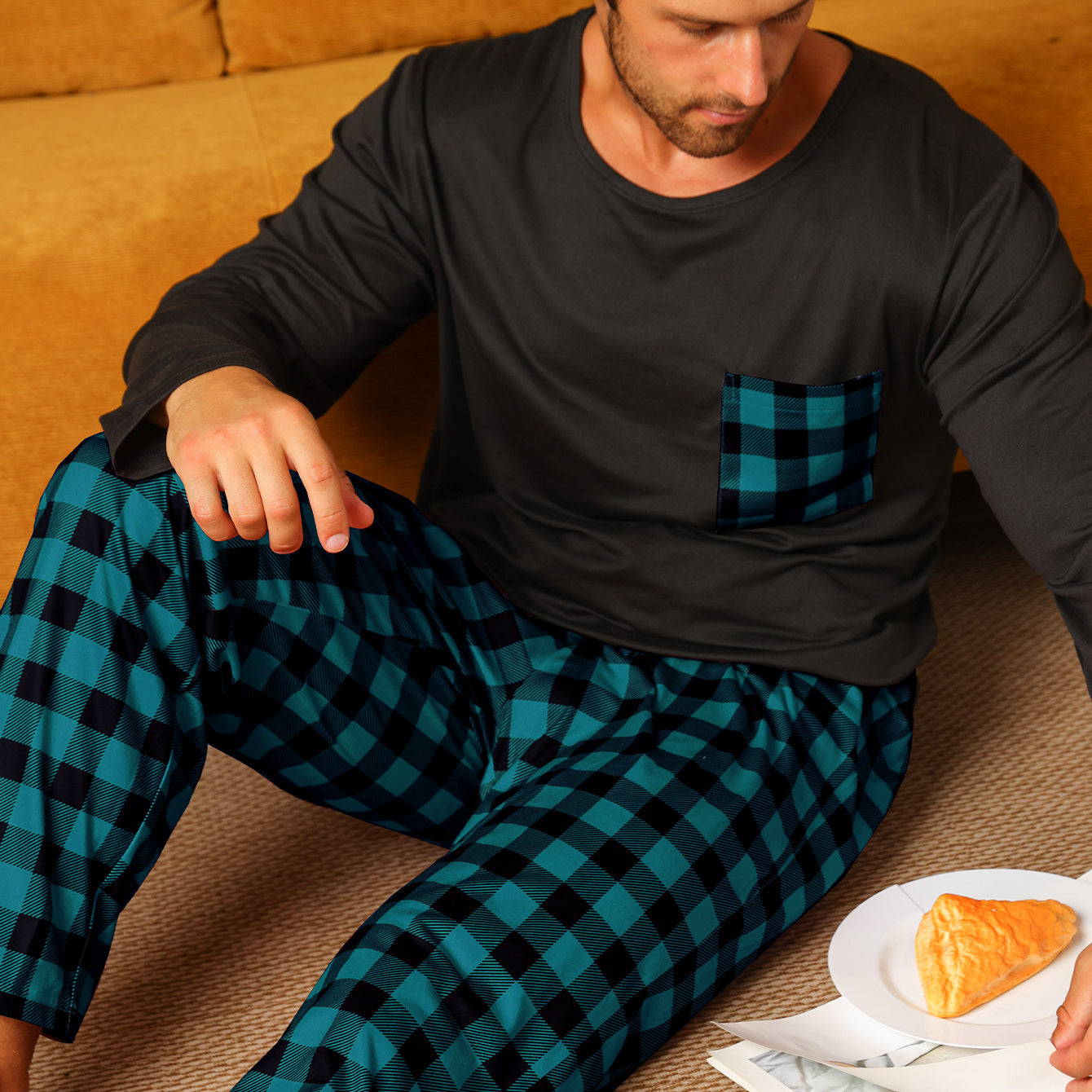 Ice Silk Long Sleeve Long Pants Men&#39;s Pajama Set