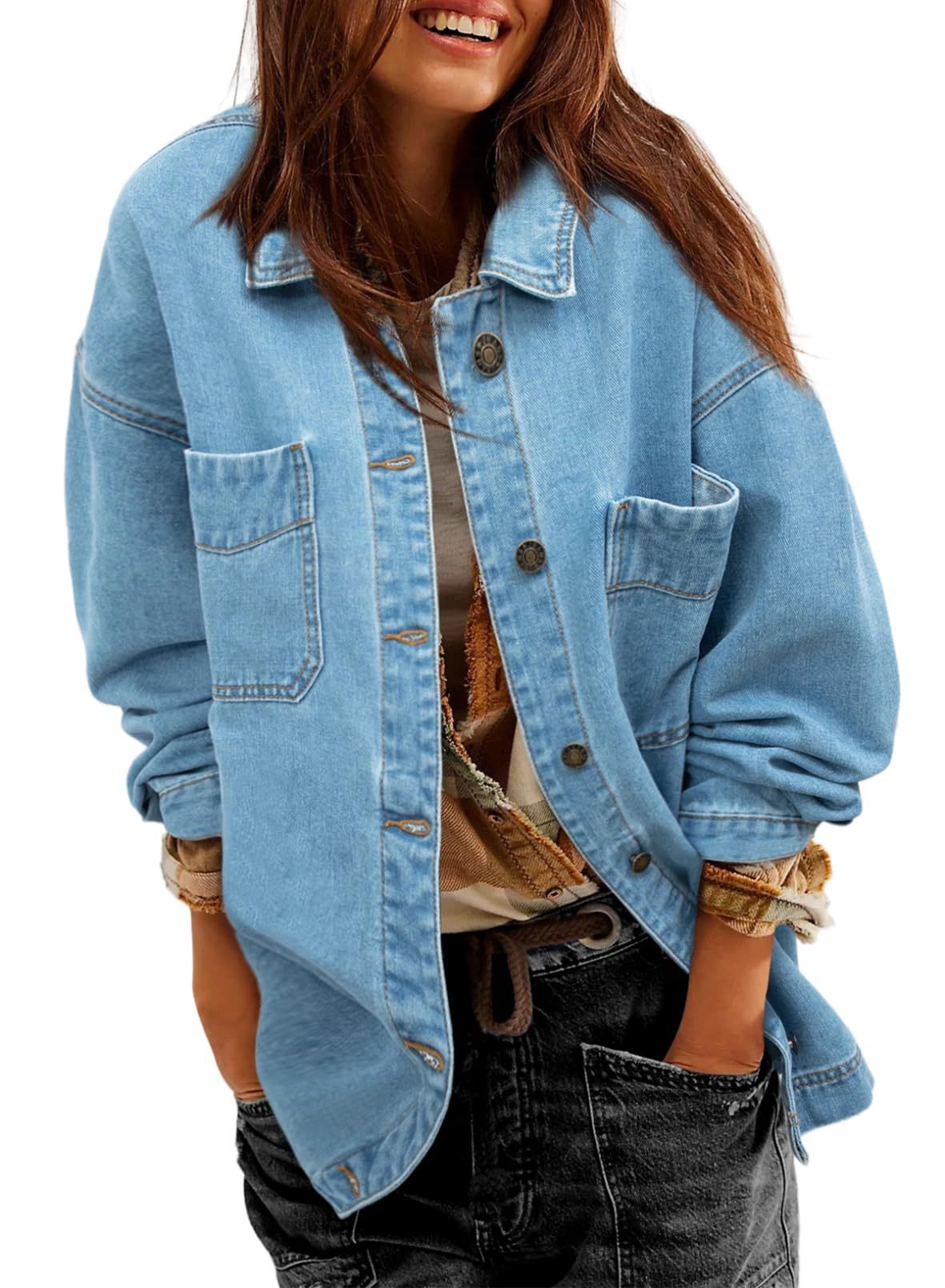 Women&#39;s Denim Jacket Large Pocket Button Long Sleeve Split Denim