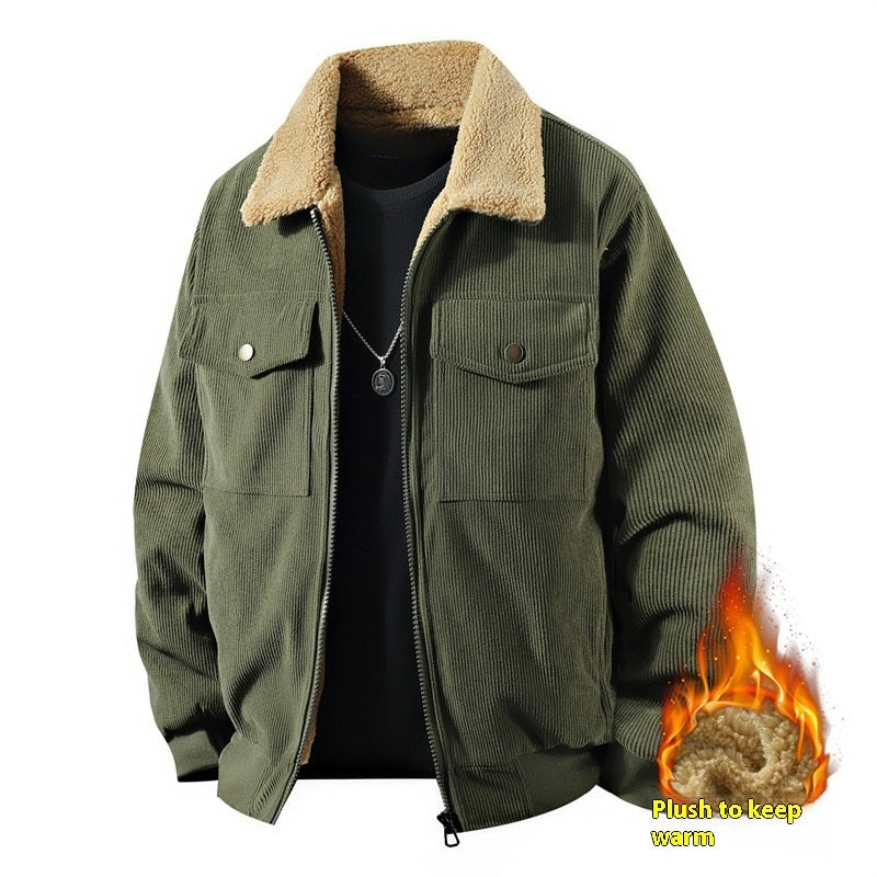 Fleece Corduroy Cotton Coat Jacket Men&#39;s Loose Casual Polo Collar Coat