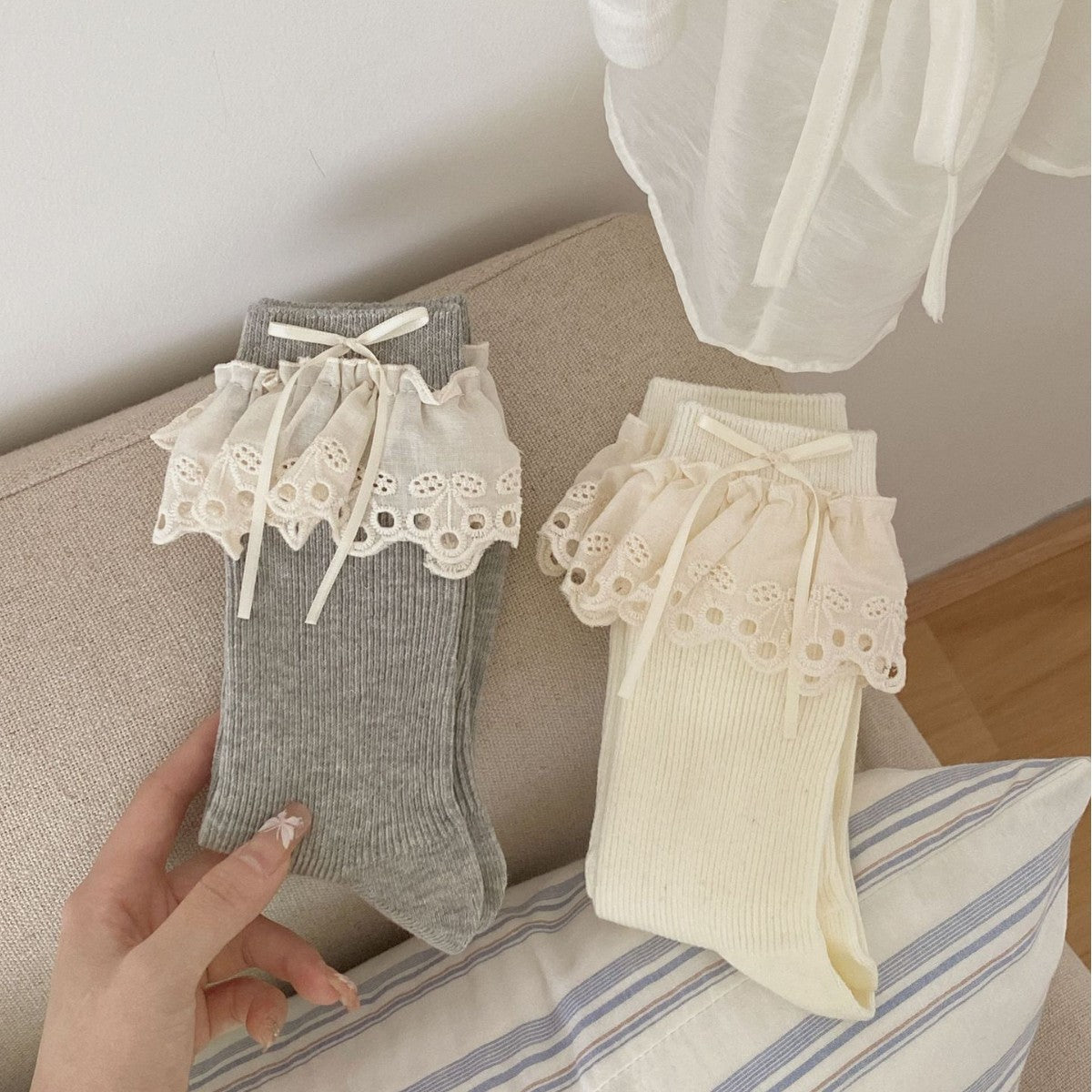 Ins Ballet Style Blogger Same Style Tube Socks Hollow Cherry Lace Bow Socks Japanese JK Girl Bunching Socks