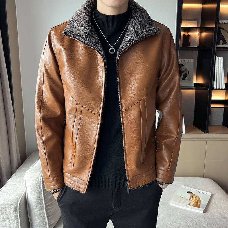 Hong Kong Style Velvet Padded Plus Size Men’s Leather Jacket | FioraFashion