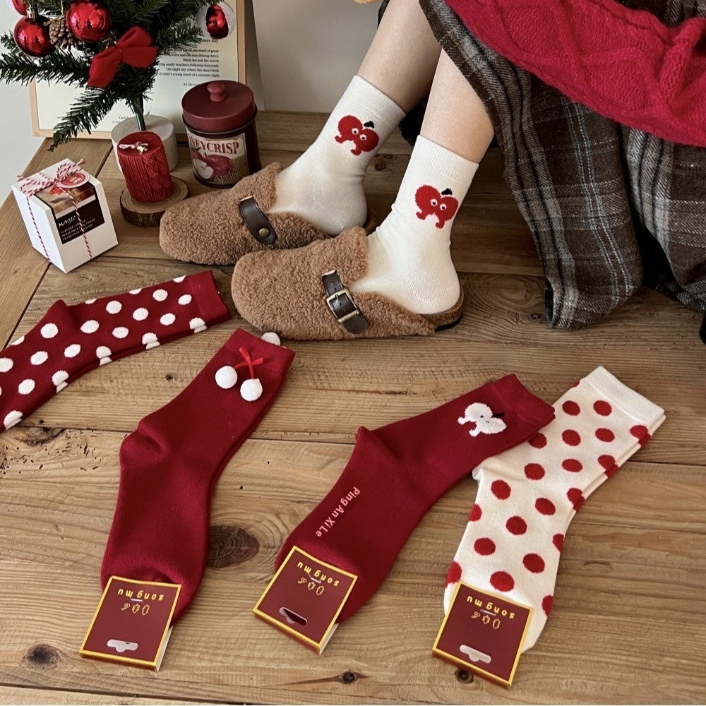 Red Dehaired Angora Polka Dot Mid-calf Creative Christmas Stockings