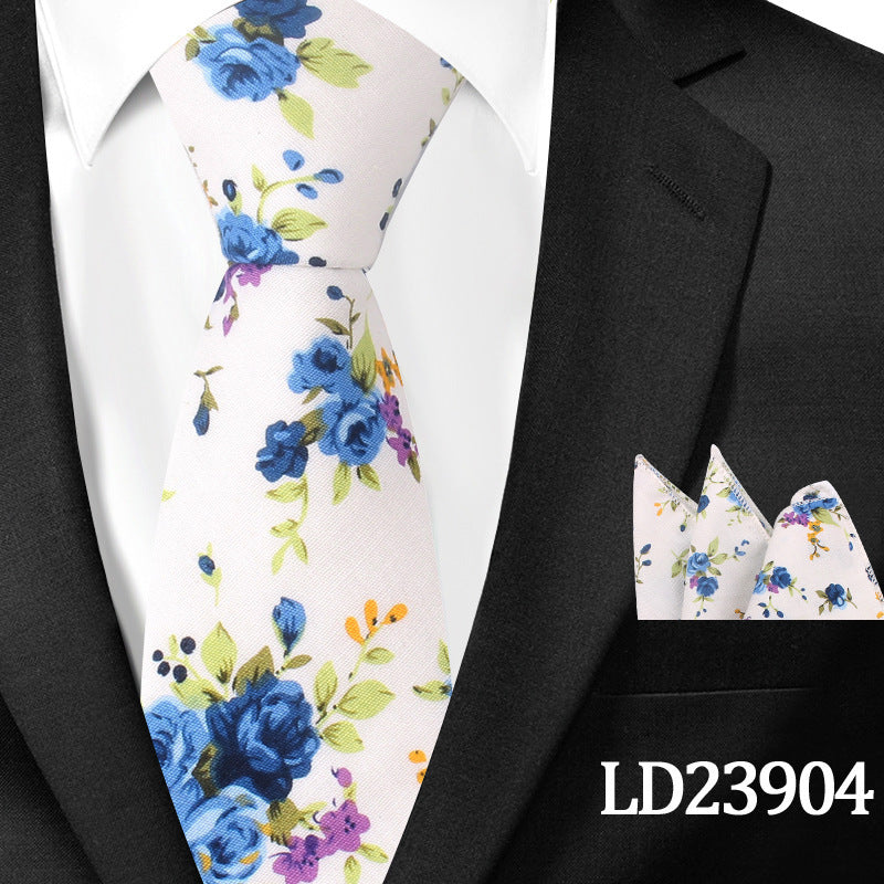 Casual Cotton Floral Print 6cm Casual Tie Pocket Square Suit