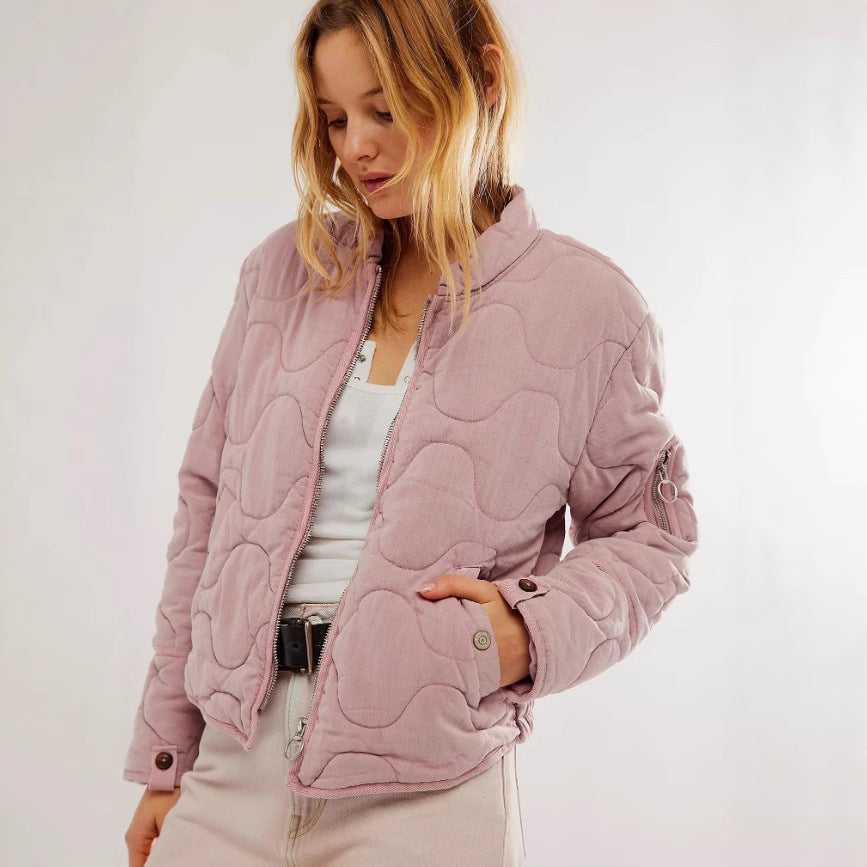Women’s Quilted Cotton Jacket – Loose Fit Stand Collar Coat