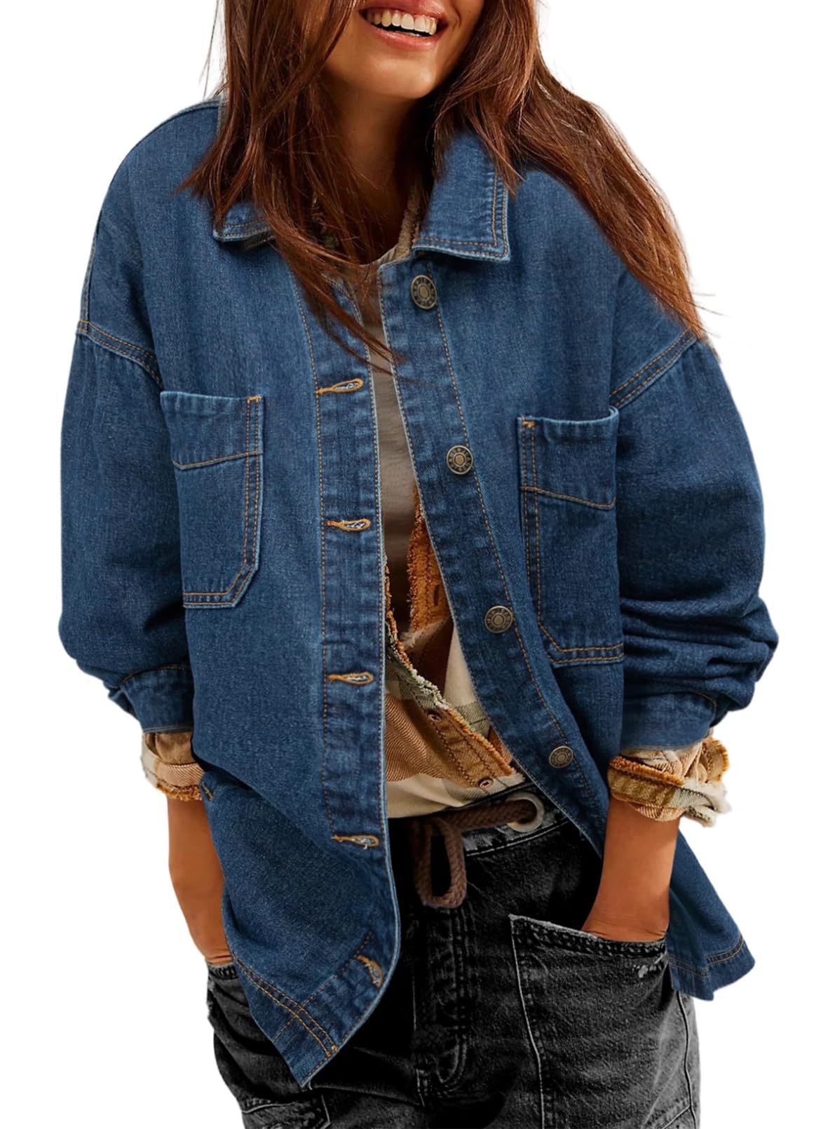 Women&#39;s Denim Jacket Large Pocket Button Long Sleeve Split Denim