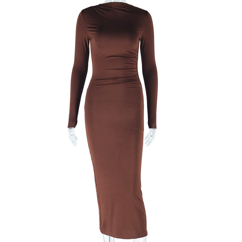 Women&#39;s Solid Color Round Neck Long Sleeve Pullover Dress