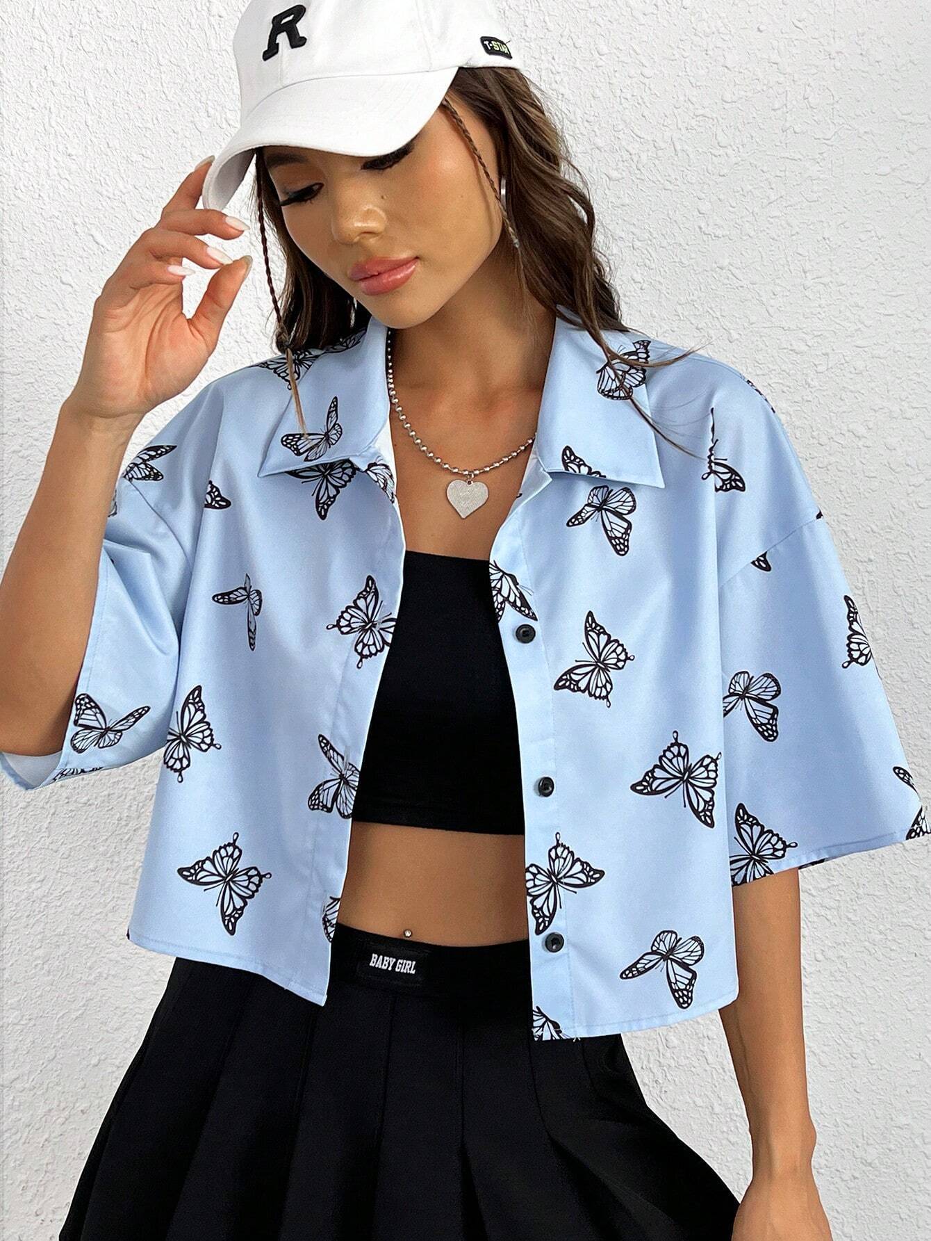 Fashion Butterfly Print Shirt Women&#39;s Clothing