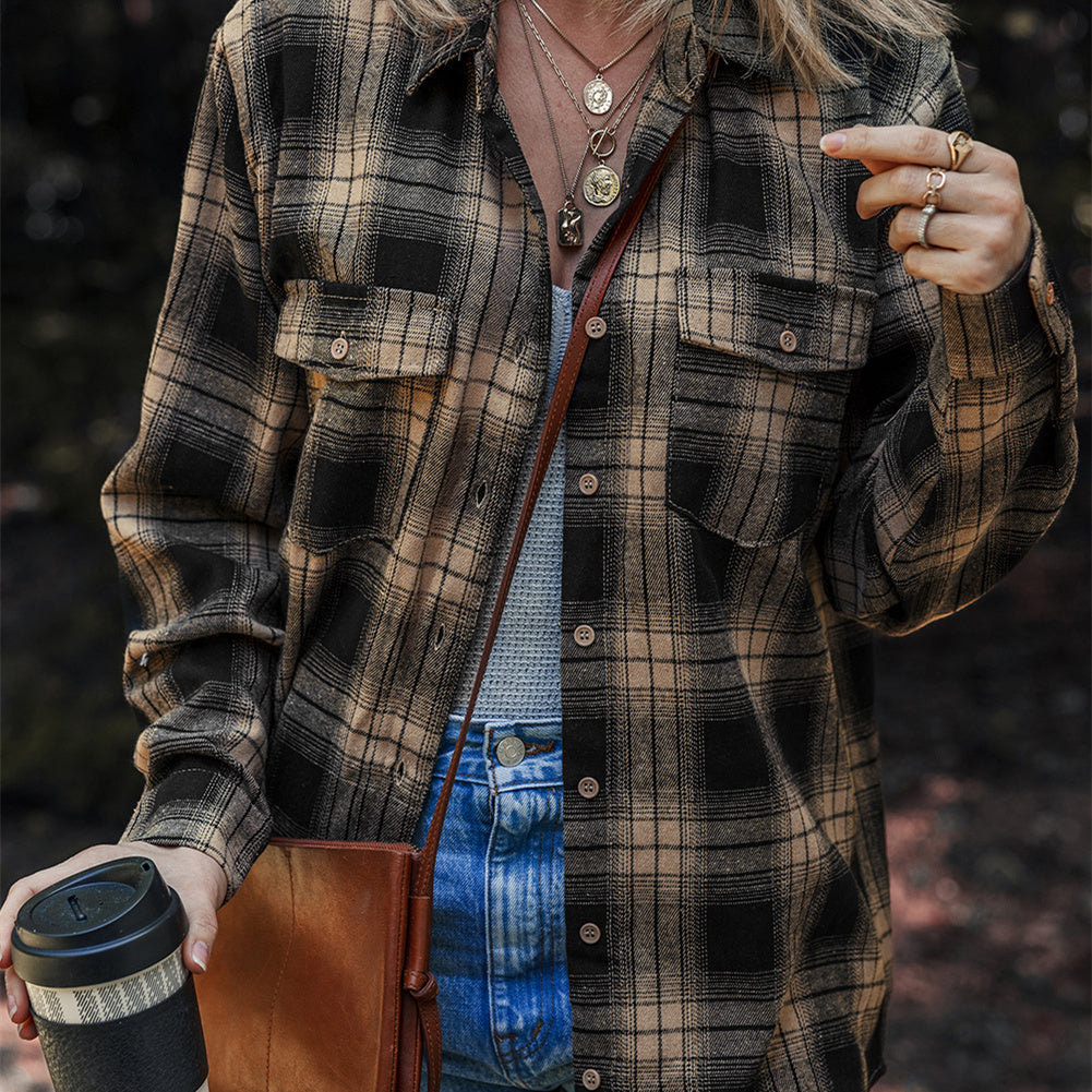 Women&#39;s Multi-color Retro Plaid Double-layer Flip Pocket Shirt