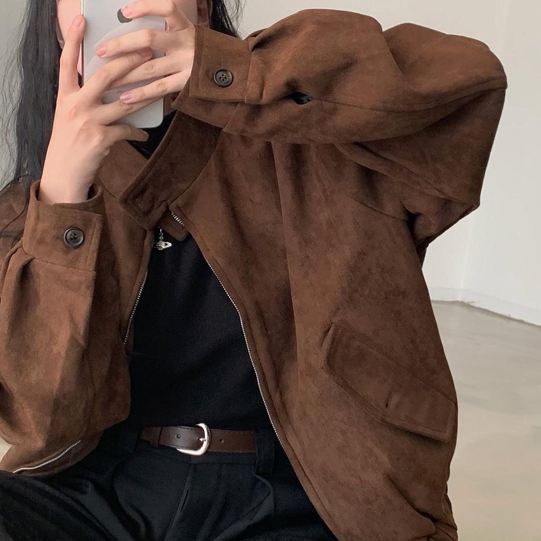 Autumn Winter Retro Warm Deerskin Velvet Double Zipper Coat Jacket | FioraFashion