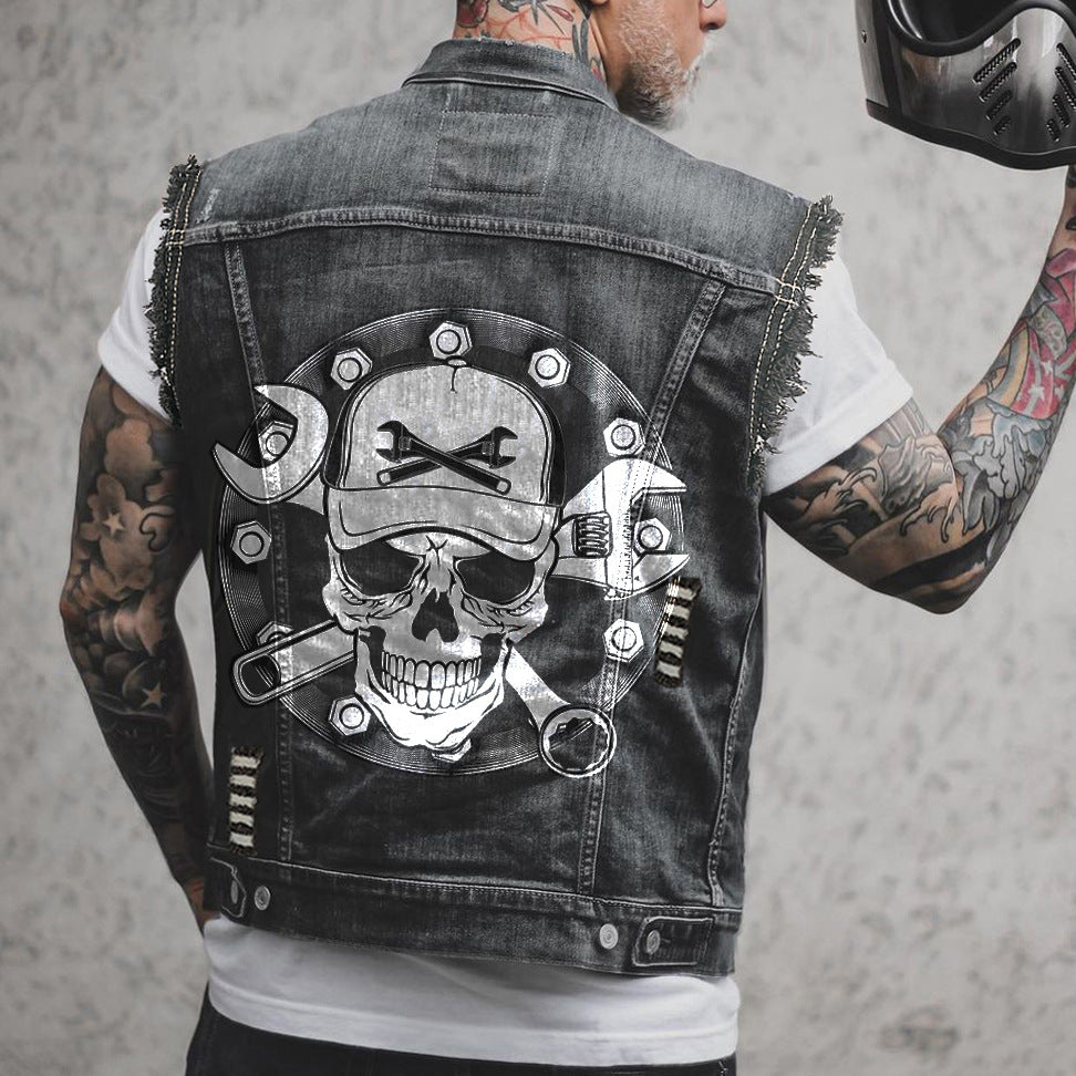 Motorcycle Motorcycle Denim Worn Printed Sleeveless Vest