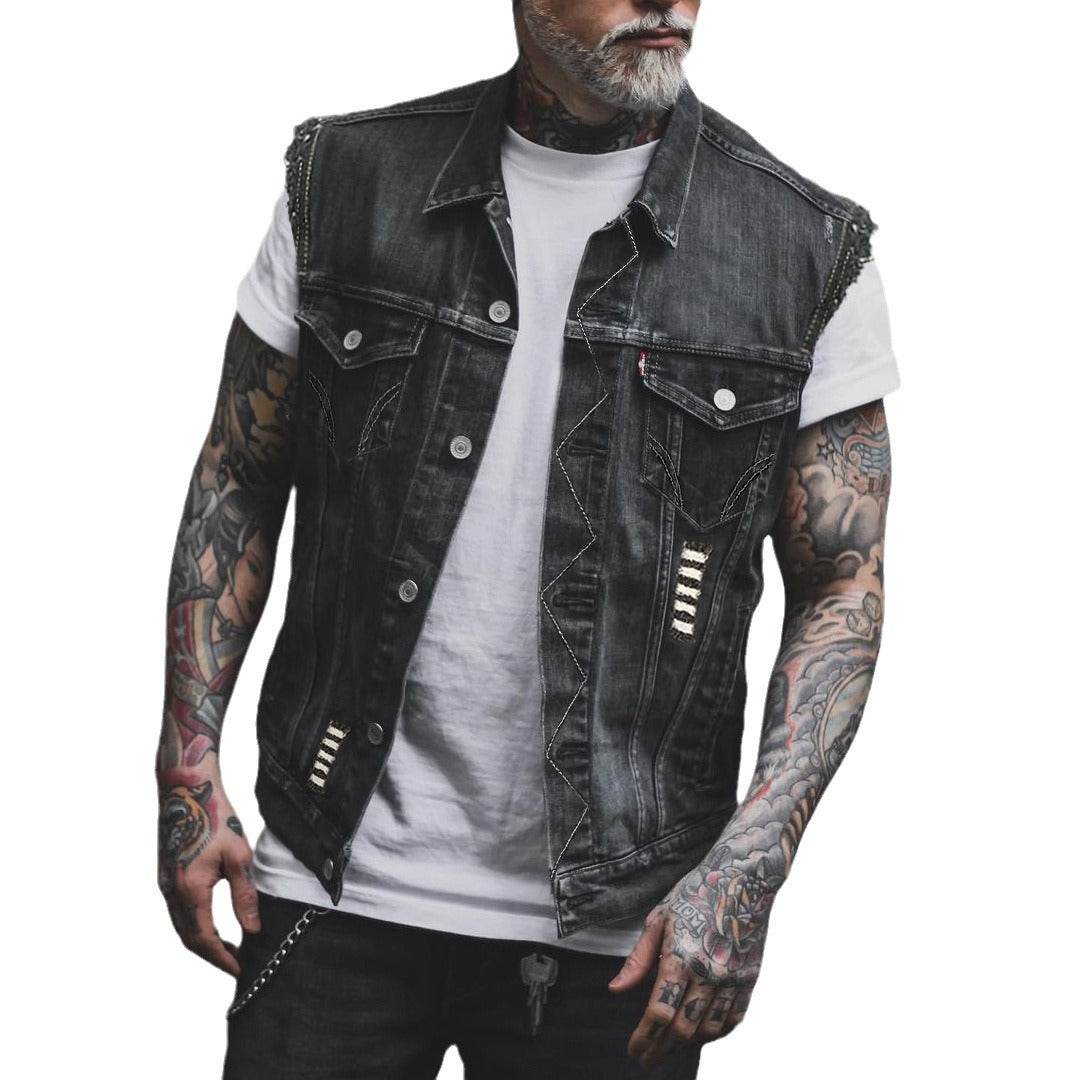 Motorcycle Motorcycle Denim Worn Printed Sleeveless Vest