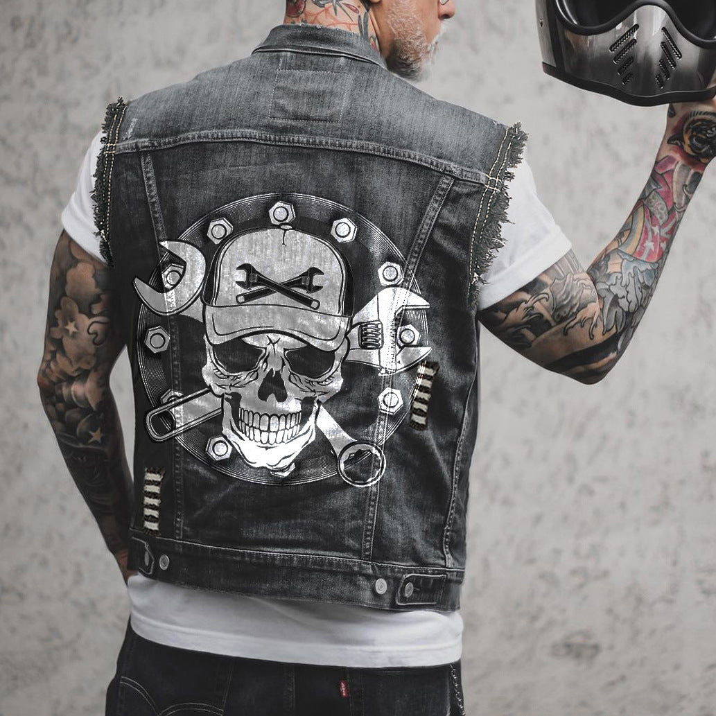Motorcycle Motorcycle Denim Worn Printed Sleeveless Vest