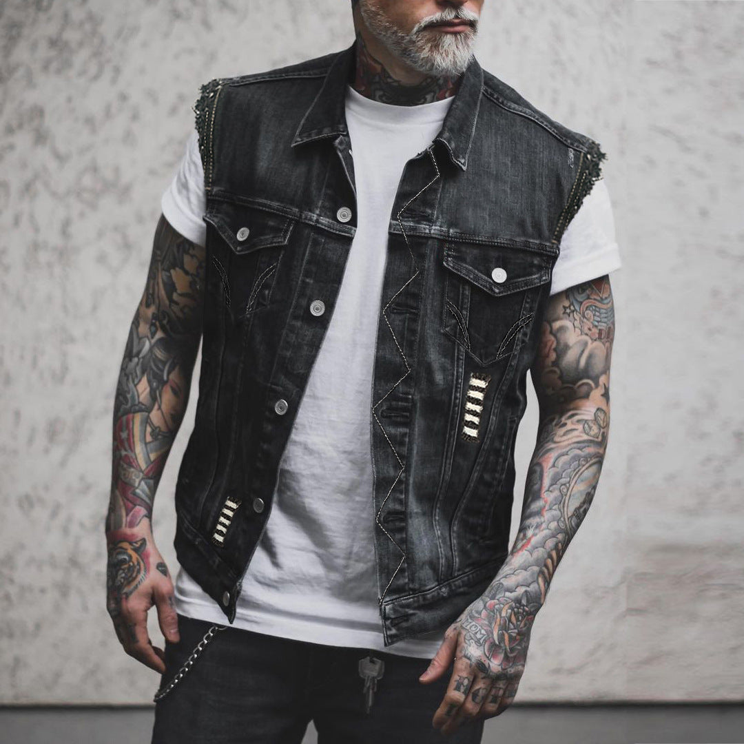 Motorcycle Motorcycle Denim Worn Printed Sleeveless Vest