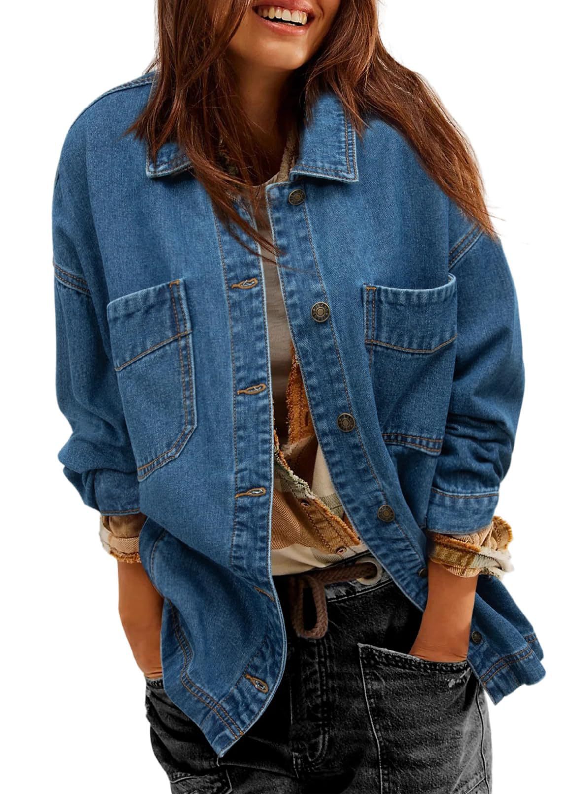 Women&#39;s Denim Jacket Large Pocket Button Long Sleeve Split Denim