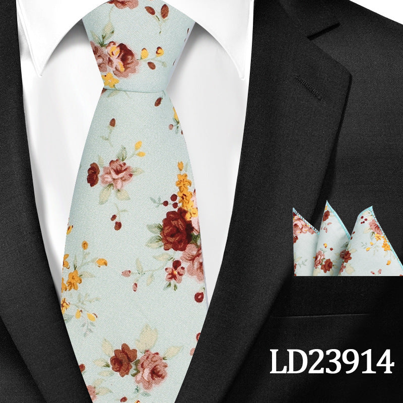 Casual Cotton Floral Print 6cm Casual Tie Pocket Square Suit